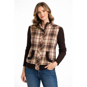 Say What Plaid Knit Sleeve Zip Jacket Brown Cream Size L